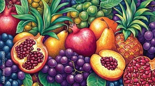 Fototapeta Pastel fruit illustration peach, grapes, pineapple, pomegranate, pear. Abstracted collage of fruit with patterns and textures