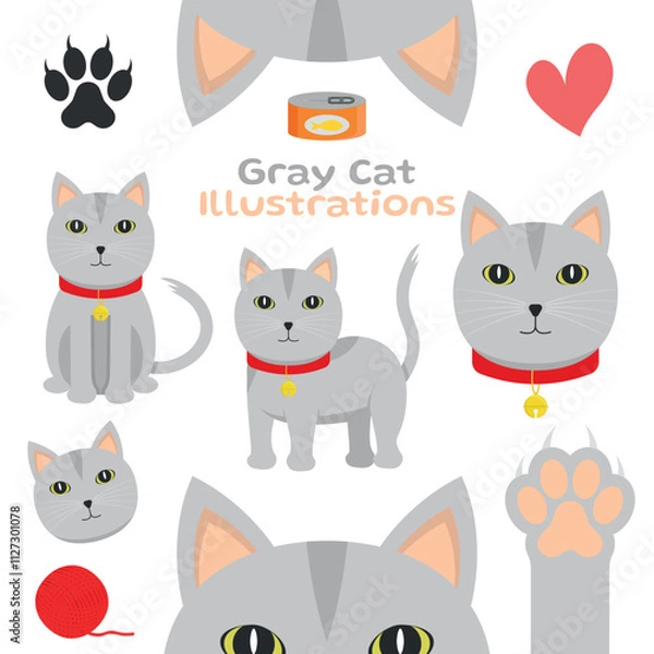 Fototapeta Gray Cat - Cute Illustrations in Different Poses, Sitting, Side, Head, Paw and Ears. Cartoon in Flat Design.
