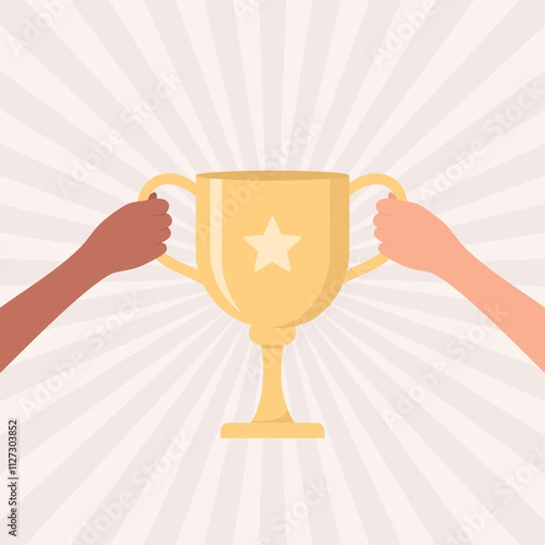 Fototapeta Two hands of people of different skin tones holding a golden trophy cup on a beige background with radial rays, flat vector illustration