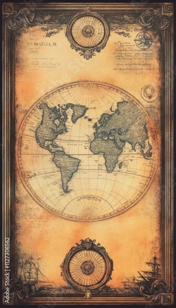 Fototapeta An antique-style world map with intricate details and a vintage aesthetic.