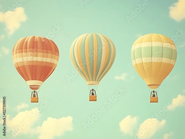 Fototapeta Three hot air balloons ascend into a pastel sky