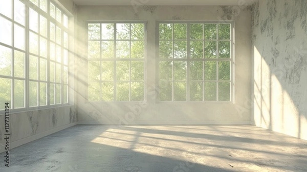 Fototapeta Bright and spacious room with large windows and bare concrete floor ideal for renovation or interior design inspiration