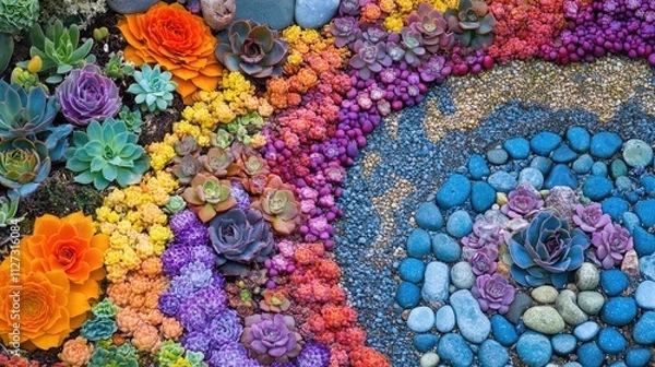 Fototapeta Colorful succulent garden featuring unique stone design showcasing the beauty of creative landscaping techniques in a vibrant outdoor setting