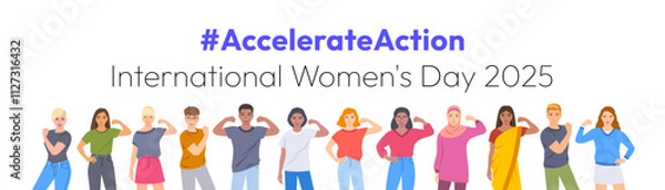 Obraz Accelerate Action campaign pose. International Women's Day 2025. Diverse women, men show solidarity and support to stop discrimination. Collective global activism for women's rights, gender equality