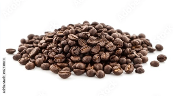 Obraz Coffee beans pile on a white background showcasing their rich color and texture perfect for coffee related articles and advertising