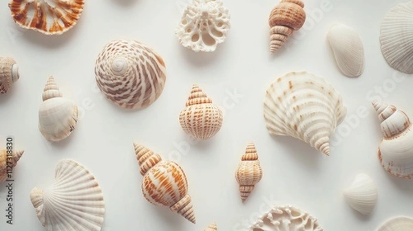 Fototapeta Exotic seashells arranged in a close-up composition against a white background showcasing diverse textures and colors of marine beauty