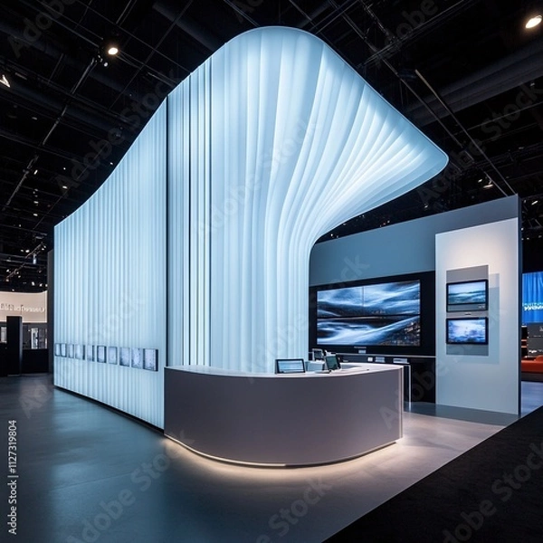 Fototapeta Modern Minimalist Exhibition Booth with LED Screen and Touch Displays
