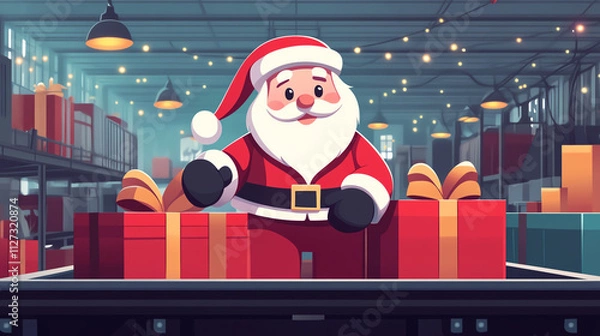 Fototapeta Santa Claus with a gift conveyor belt flat design front view workshop theme animation vivid