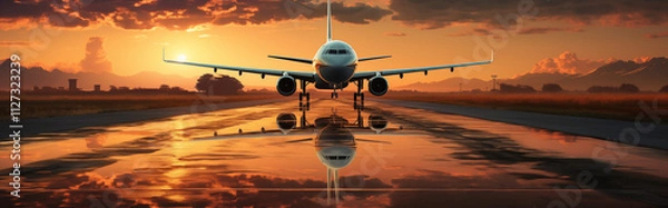 Obraz Panoramic image of an airplane taking off against the backdrop of a rising or setting sun with reflection.