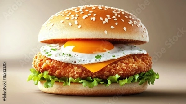 Fototapeta Nutritious chicken burger with fried egg and lettuce in sesame seed bun showcasing healthy fast food options