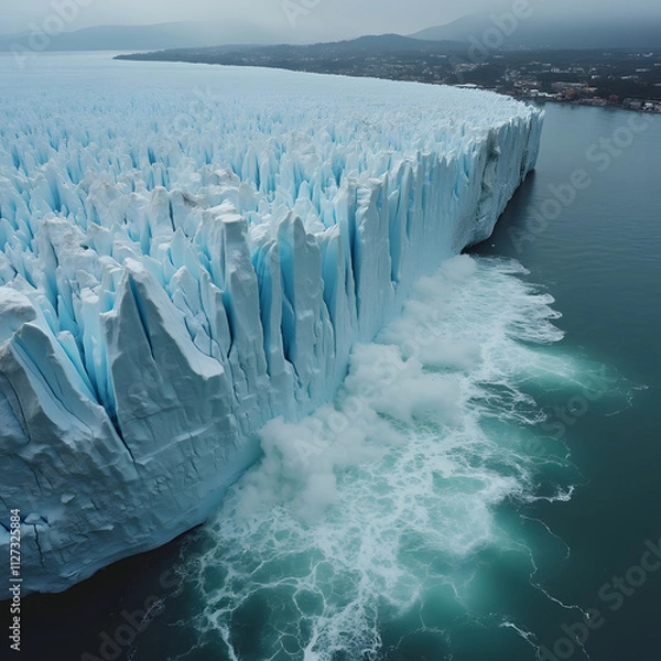 Fototapeta dramatic scene of a once-mighty glacier melting rapidly, with large chunks of ice breaking off and falling into the rising ocean. In the background, coastal cities are partially submerged by rising