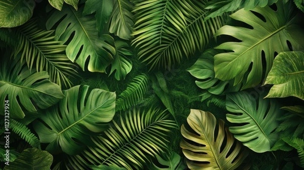 Fototapeta Lush green leaves textured background showcasing a vibrant and tropical nature theme for design and decor applications