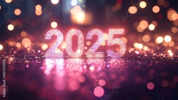 Fototapeta Pink 2025 number  made of sparkles against blurred background. Happy New Year concept.
