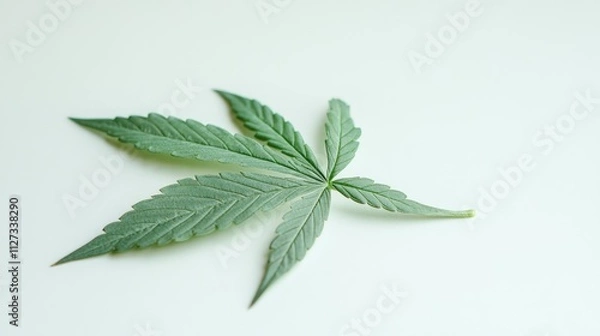 Fototapeta Green cannabis leaf isolated on a clean white background showcasing its detailed texture and vibrant color for natural health themes