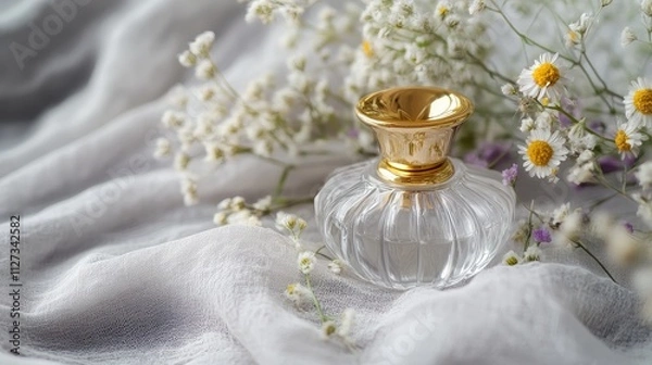 Fototapeta Elegant perfume bottle adorned with a gold cap surrounded by delicate wildflowers on a soft gray textile backdrop.