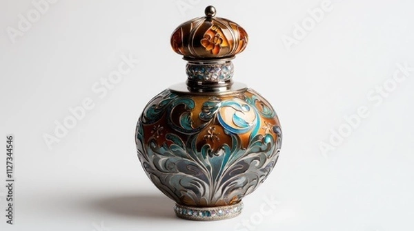 Fototapeta Vintage decorative perfume bottle with intricate floral design and ornate cap showcasing elegance and artistry in glassware.