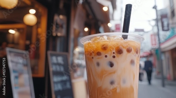 Fototapeta refreshing iced milk tea with tapioca pearls served in a clear cup on a bustling street cafe background