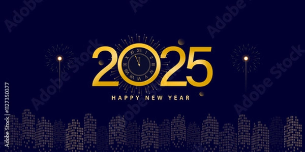 Obraz Happy New Year 2025  Design. Gold Theme with Firework and City as Background Vector Illustration