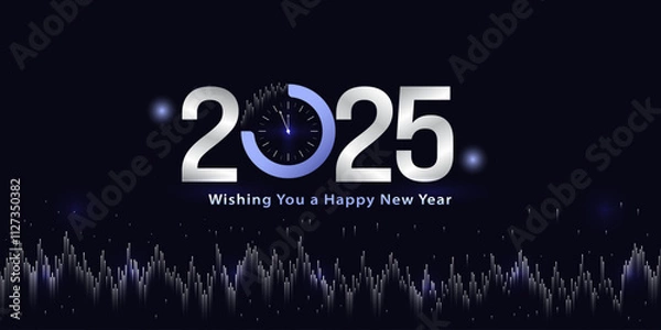 Obraz Happy New Year 2025 Design. Silver Theme with  Simple Watch and  Light of City as Background Vector Illustration Design