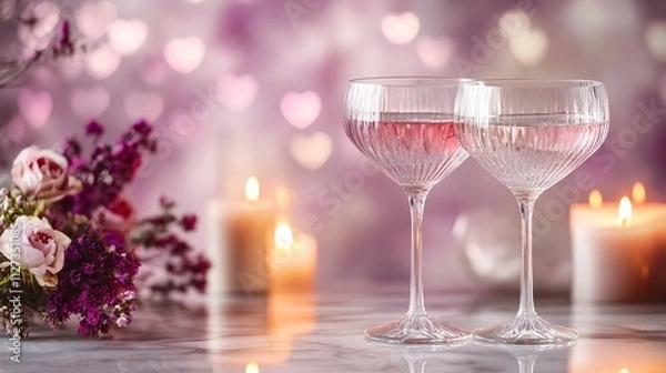 Fototapeta Two elegant glasses on a marble table with candles and flowers, with a soft pink and purple heart-patterned background