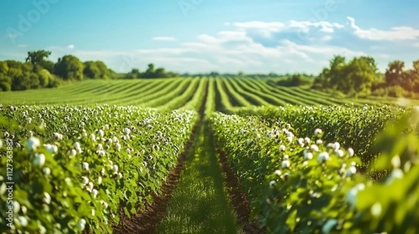 Obraz Lush green cotton field under a bright sunny sky, rows of plants extending to the horizon.