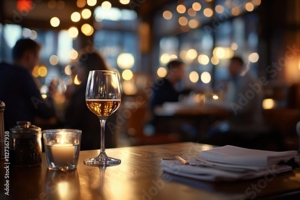 Fototapeta A candle is lit on a table with a wine glass and a napkin