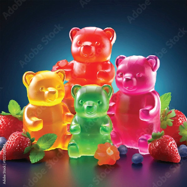 Obraz funny colored jelly bears in circle on a white background. bright gummy animals candies. greeting card. isolated vector illustration. Colorful sweet jelly bears, gummy candies. Seamless pattern.	