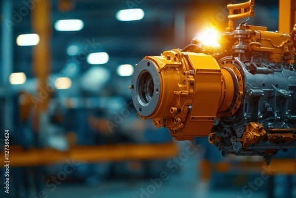 Fototapeta Mechanics repair engine durability concept. Engine component in a modern industrial setting, showcasing precision and technology under vibrant lighting.