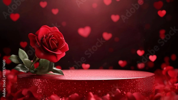 Fototapeta red podium and single red rose with blurred background of heart-shaped bokeh lights