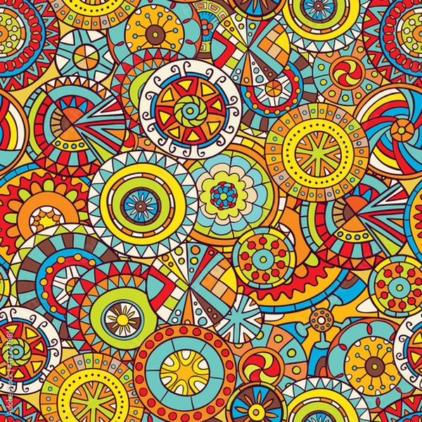 Fototapeta Seamless pattern of hand-drawn and painted mandalas. Vector graphics.