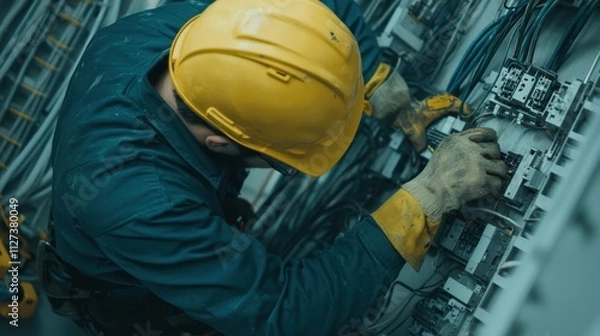 Obraz A worker in a yellow helmet repairs electrical equipment, showcasing hands-on expertise in a technical environment.