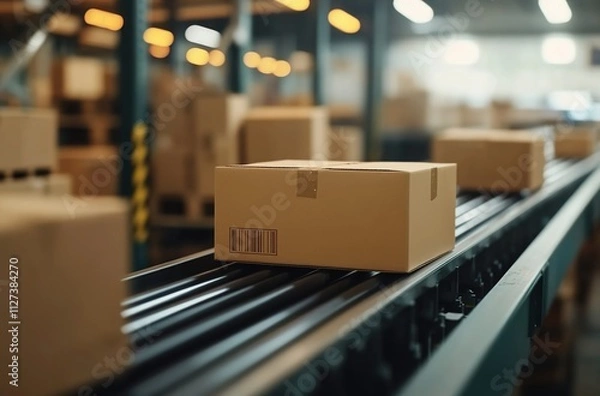 Fototapeta Close-up of cardboard boxes on a conveyor belt in a warehouse for a drop-shipping concept.
