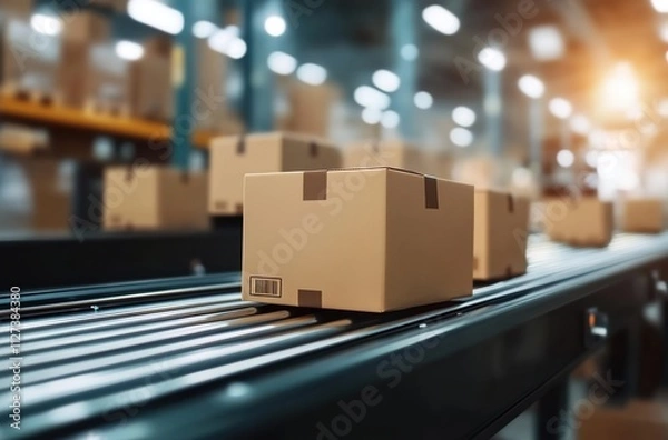 Fototapeta Close-up of cardboard boxes on a conveyor belt in a warehouse for a drop-shipping concept.