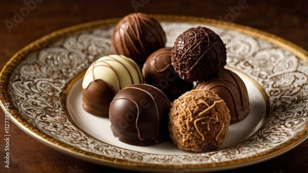 Fototapeta Assorted chocolate truffles displayed on a decorative plate, showcasing their rich textures and various coatings, ideal for food photography and gourmet dessert promotions
