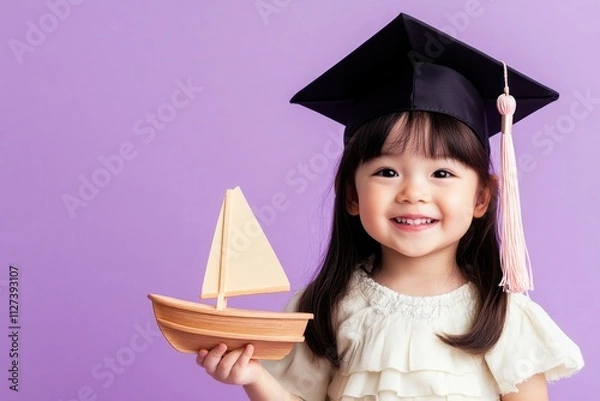 Fototapeta A joyful child in a graduation cap holds a wooden sailboat against a purple backdrop.