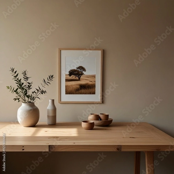 Fototapeta a room with a wooden floor and a vase with a plant on it and pictures