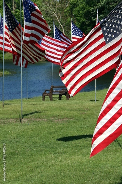 Obraz Park Bench and US Flags