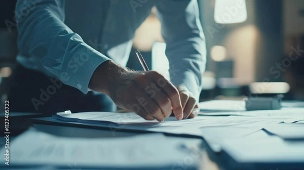 Fototapeta Close-up of business professionals working with important documents. A team engaged in a discussion, reviewing crucial reports, contracts, and plans in a modern office.