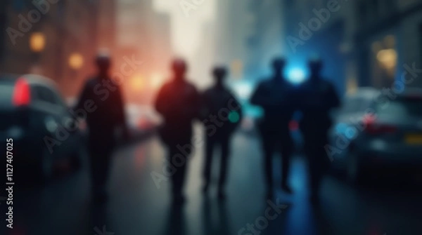 Fototapeta Blurred silhouettes of police officers on a dark street with bright city lights and bokeh effect