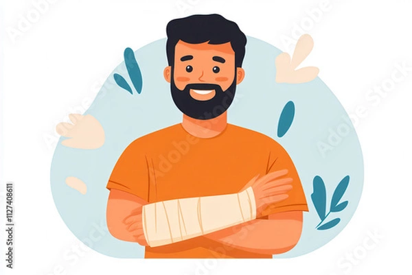 Fototapeta Cartoon man with arm cast smiling in a playful illustration, representing resilience and positivity