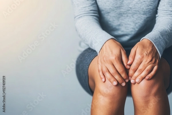 Fototapeta Close-up of hands on knees, symbolizing pain or discomfort with a focus on health and wellness