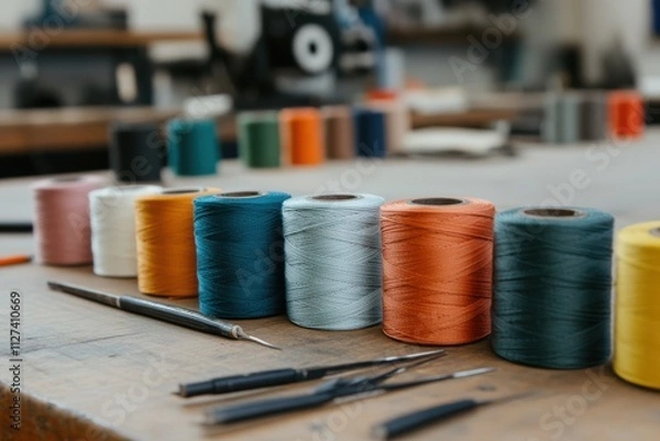 Fototapeta A well-lit workshop boasts an array of colorful spools, reflecting a dynamic space primed for creativity and expression in textile arts.