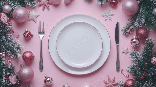 Fototapeta Festive Pink Christmas Table Setting. Christmas Banner Dinner Table Setting Frame With Empty Plat