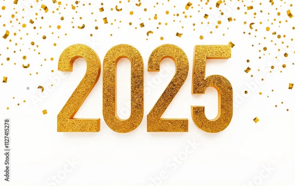 Fototapeta 2025 new year's image: gold numbers and confetti around it that says 2025 on a white background