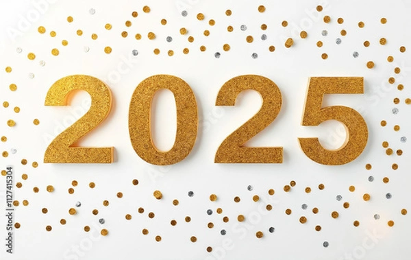 Fototapeta 2025 new year's image: gold numbers and confetti around it that says 2025 on a white background