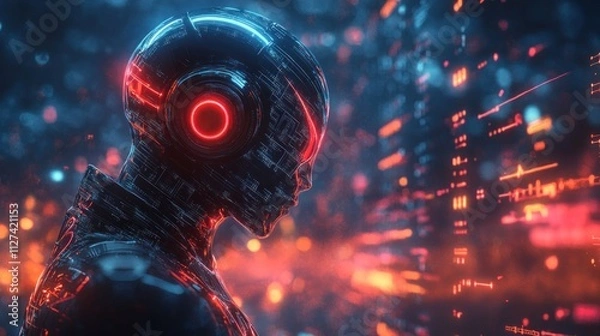 Fototapeta Cyberpunk Android in Neon Cityscape