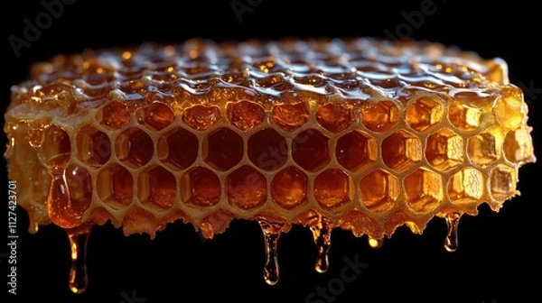 Fototapeta Liquid honey cascades from a perfectly shaped honeycomb, glistening under soft light and creating a striking contrast with the deep black background, enhancing its allure