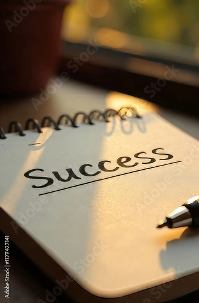 Fototapeta A close view of a notebook opened on a desk with the word success written prominently. Sunlight filters through a nearby window, creating a warm atmosphere. A pen rests beside the notebook.