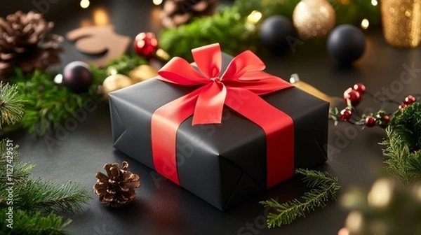 Fototapeta A Gorgeously Packaged Christmas Gift Adorned With a Red Bow - A beautifully wrapped black Christmas gift, tied with a vibrant red ribbon, sits amidst festive decorations, symbolizing celebration, gene