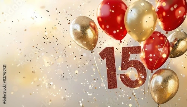 Fototapeta A creative birthday card cover with the number 15 in red and gold, accented with balloons and sparkles to celebrate the occasion.